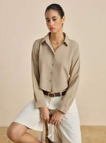 Airaco Áo sơ mi dài tay đơn sắc cài nút phía trước cho nữ, Áo dài tay - Màu Khaki - Xem 5