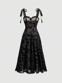 SHEIN MOD 女士夏季印花植绒吊带连衣裙 - 黑色 - 查看 2