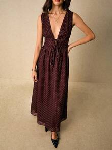 Poéselle 女士波尔卡圆点V领无袖系带连衣裙，时尚夏季