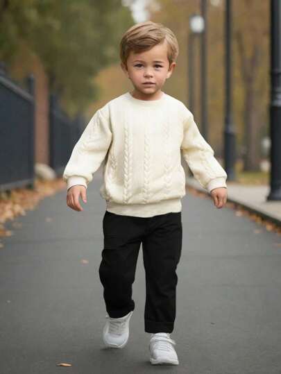 2pcs Toddler Boys' Casual Solid Color Beige Twist Knit Long Sleeve Top And Relaxed Fit Cargo Pants Set, Suitable For 4-7 Years Old Boys In Autumn, Spring, Halloween Party, Versatile And Durable, Comfortable And Warm, Twist Knit Fabric Top And Side Pocket Design Cargo Pants, Suitable For Outdoor, School, Home, Party, Casual And Sports Wear, Elegant And Energetic! Fall Winter