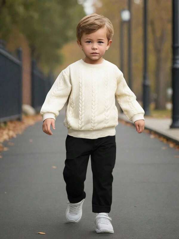 Conjunto de 2 peças de blusa de manga comprida e calça cargo de corte relaxado em malha bege de cor sólida para meninos, adequado para meninos de 4 a 7 anos no outono, primavera e festa de Halloween. Versátil e durável, confortável e quente. Blusa de malha torcida e calça cargo com bolso lateral. Adequado para atividades ao ar livre, escola, casa, festa, uso casual e esportivo, elegante e cheio de energia!