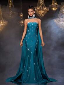 Glamrae Elegant & Luxurious Grey-Green Knitted Handcraft Pattern Rhinestone Chain Tassel Decor Fitted Mermaid Formal Evening Gown For Women