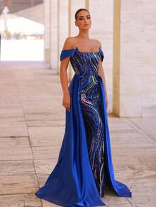 Glamrae 优雅奢华蓝色亮片刺绣缎面露肩落袖长裙，正式晚礼服 - 藍色 - 查看 5