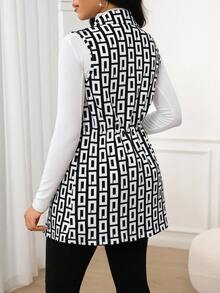 SHEIN Lady 秋冬女款黑白几何印花翻领抽绳腰背心外套 - 彩色 - 查看 2
