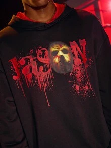 WB Horror X SHEIN Men Horror Movie Mask Pattern Hooded Long Sleeve Sweatshirt - Black - View 3