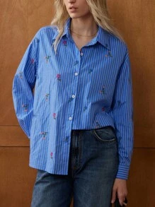 Écloséra French Retro Casual Striped Embroidered Long Sleeve Autumn Women's Loose Ladies Shirt Women's Office Wear Women's Button Shirt Women's Going Out Tops