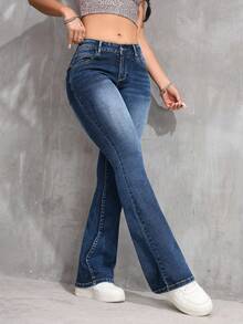 SHEIN PETITE Women's Faded Casual Minimalist Denim Jeans - Dark Wash - View 5