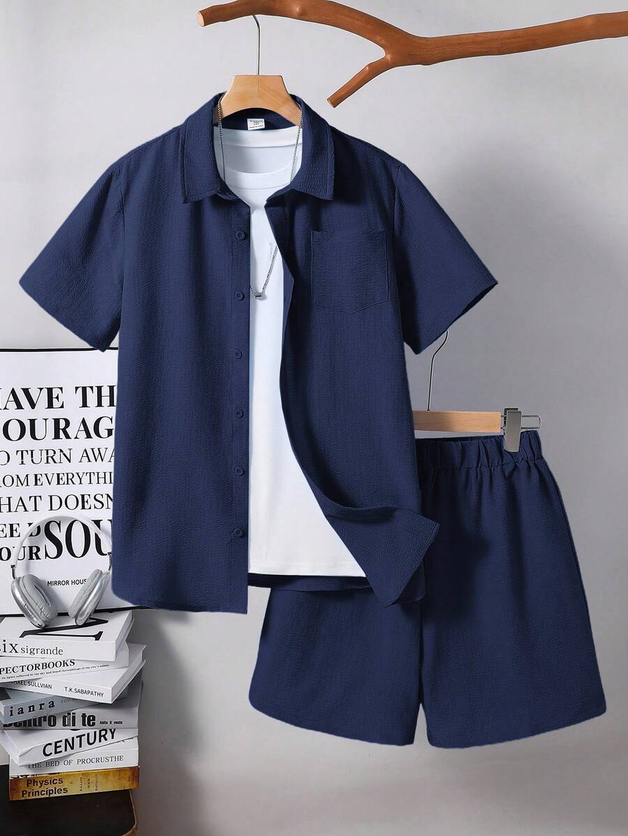 SHEIN 2 件青少年男童休闲舒适纹理针织短袖衬衫和短裤套装，春季服装 - 藏蓝色 - 查看 1