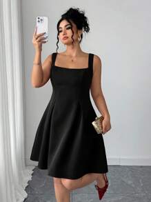 Elenzga Plus Size Women's Solid Color Sleeveless Square Neck Waist Cinched A-Line Dress Black Cocktail Dress Square Neck Dress Sleeveless Black Dress Black Dress Black Summer Dress