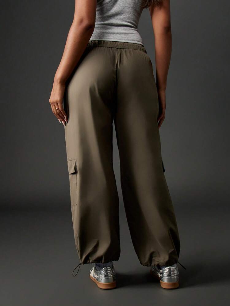 Missguided x Playboy Cotton Olive Cargo Utility Drawstring Wide Leg Trousers With Pockets For Casual Everyday Wear