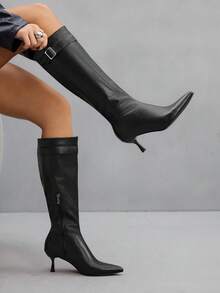 CUCCOO SZL 女士时尚性感尖头细高跟中筒靴，黑色套脚 - 黑色 - 查看 6