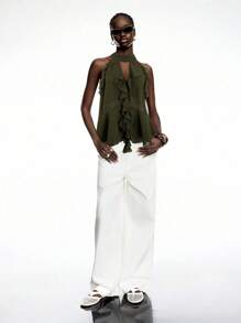 LYSMO 2025 New Arrival Claret Ruffle Chiffon Halter Top With Tie – Boho Summer Style - Army Green - View 3