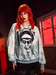The Nun X SHEIN 恐怖电影人物图案圆领长袖运动衫 - 彩色 - 查看 4