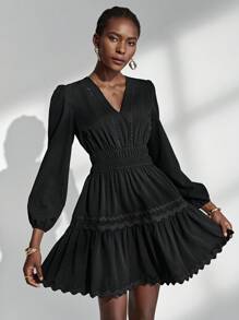 Almamuse-D Black Textured V-Neck Ruffle Trim Casual Dress For Women, Spring/Autumn Fall Cloth For Women - Black - View 1