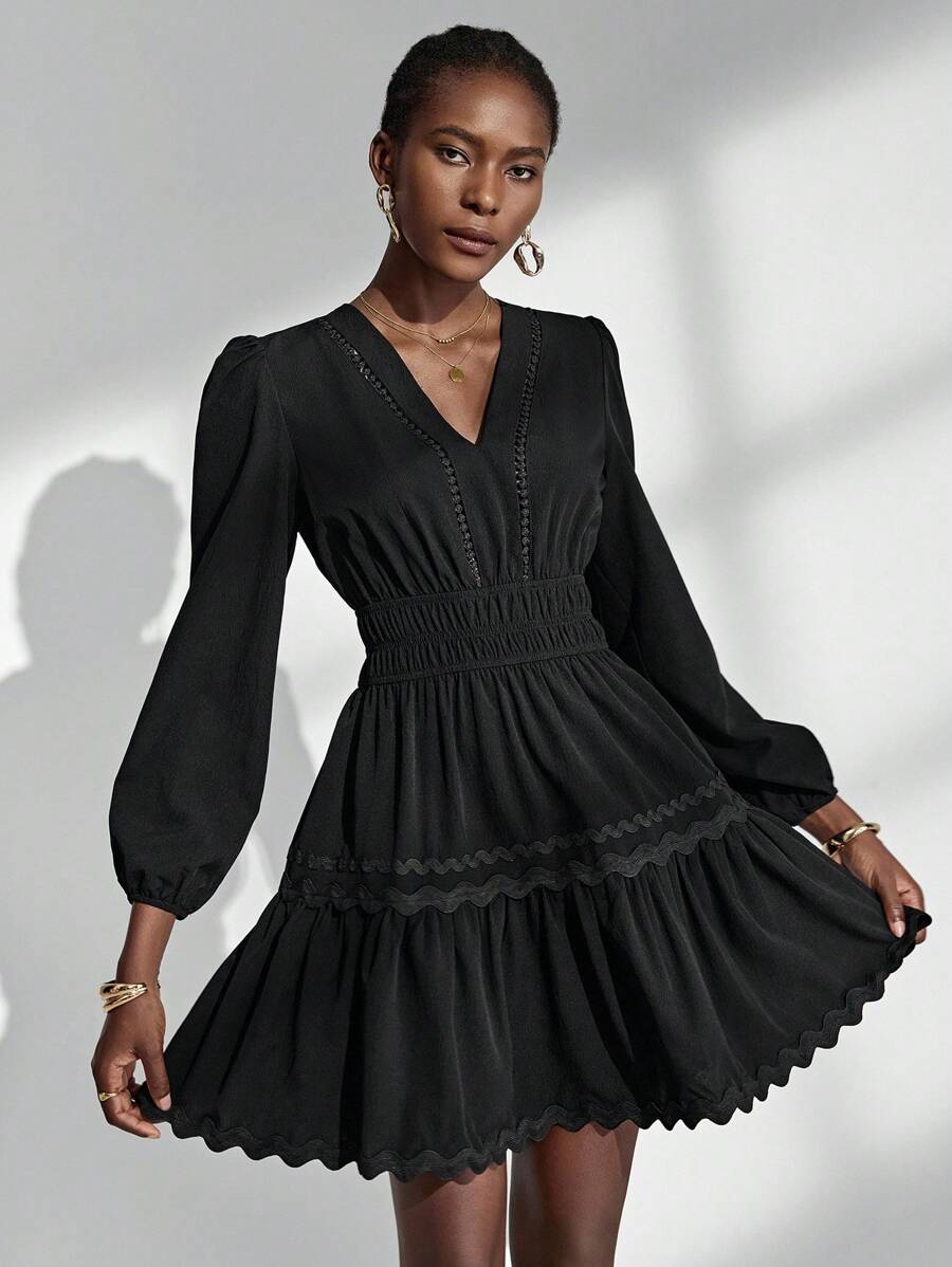 Almamuse-D Black Textured V-Neck Ruffle Trim Casual Dress For Women, Spring/Autumn Fall Cloth For Women - Black - View 1
