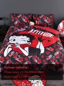 Betty Boop x SHEIN 3件套双面字母和数字图案被套，适用于单人床/双人床/大号床/特大号床，宿舍/家居，礼品之选，派对，节日，情人节