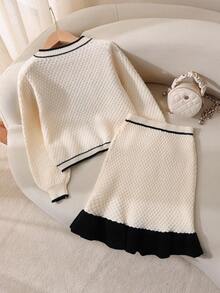 Tween Girl 手工蝴蝶结短款开衫和荷叶边针织裙套装