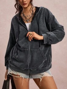 SHEIN LUNE Plus Size Casual Distressed Snowflake Hooded Jacket Oversized Zip Up Hoodie Grey Jacket Grunge Fall Winter For Going Out - Blue - View 5