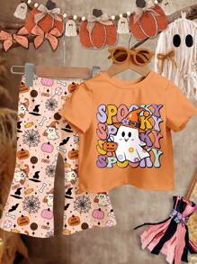 SHEIN Cute Halloween Caramel Orange, Adorable Cartoon Colorful Flower Ghosts, Pumpkins, Candies, Spider Web Pattern, Spooky Cute, Trick Or Treat, Cute Boo, Baby Girl Casual Minimalist Short Sleeve Crew Neck T-Shirt And Flare Pants Set, Autumn Outfits For , Easy Comfort, Autumn Layers For Baby & Girls, Stylish Kids, Casual Wear, Baby & Kids Graphic Clothes, Fall Clothes