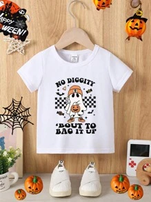 SHEIN Baby Boys' Casual Cute Cartoon Ghost & Pumpkin Print Halloween Short Sleeve Round Neck T-Shirt, Halloween Outfit Spooky Halloween Shirt Pumpkin Shirt Boy's Tee - White - View 3