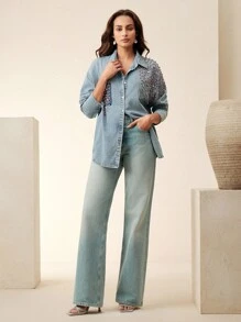 Anewsta 奢华宽松牛仔衬衫 - 藍色 - 查看 4