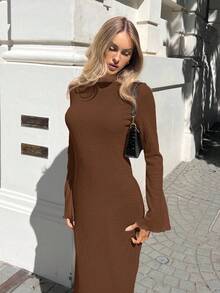 SHEIN Forever 21 优雅通勤纯色喇叭袖连衣裙 - 棕色 - 查看 10