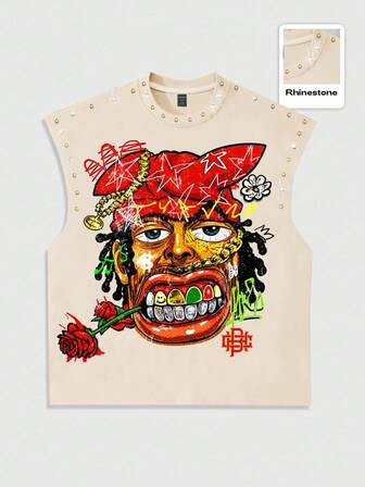 Street Life ملابس علوية بلا أكمام بطبعة مبالغ فيها مزين بالراين ستون للرجال، صيفي