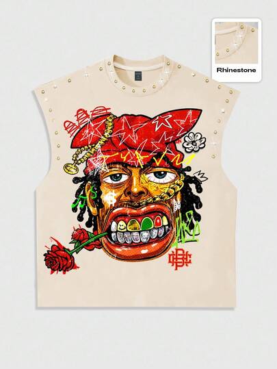 Street Life Canotta da uomo senza maniche con stampa esagerata e decorazione in strass, stile punk, adatta per l'estate