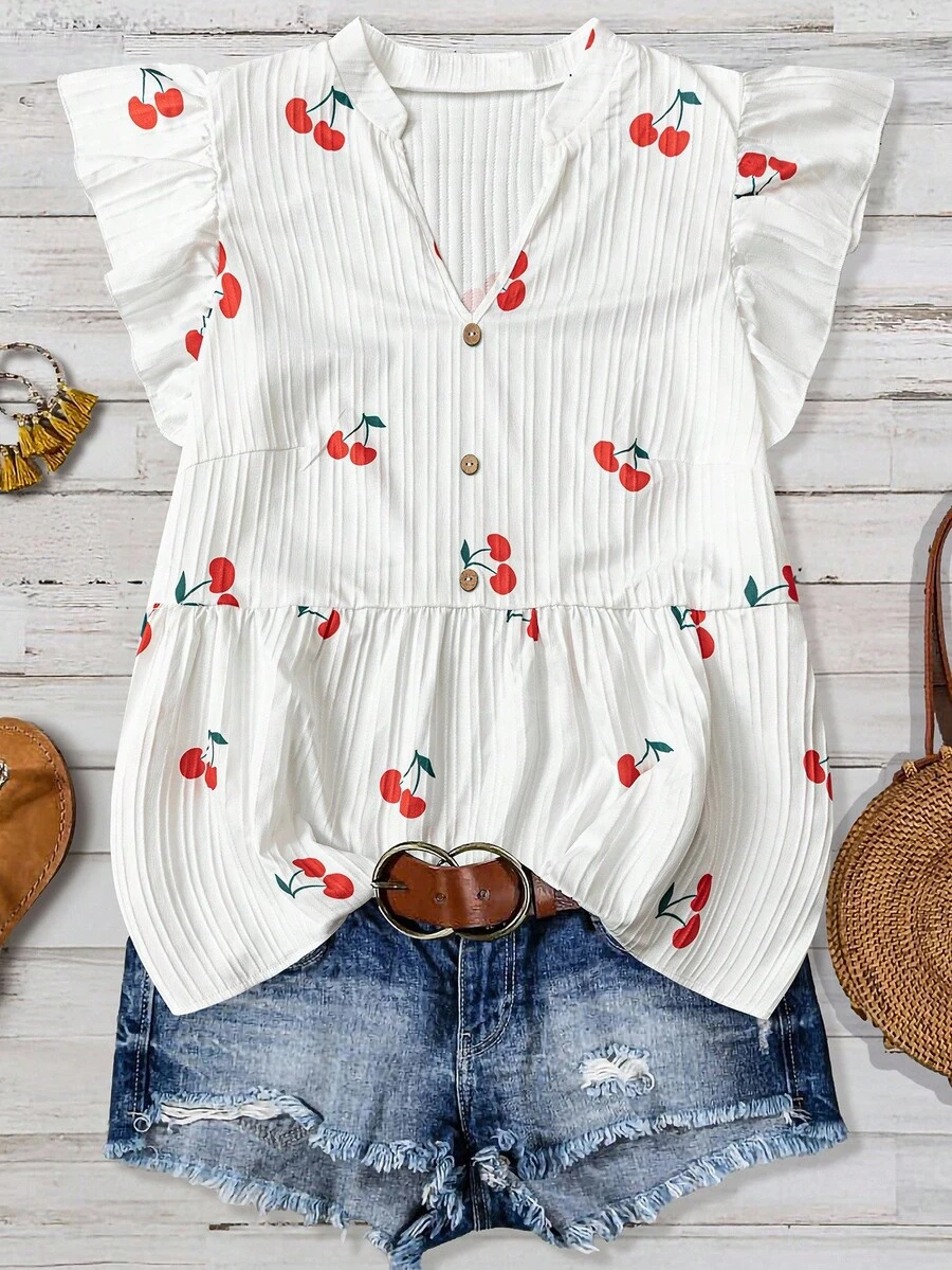 EMERY ROSE Plus Size Women Casual Vacation Floral Print Ruffle Trim Blouse - Multicolor - View 1