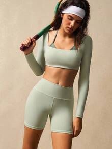 VARSIVA 女士健身套装 女士撞色拼布短款上衣和短裤 运动套装两件套运动套装 长袖瑜伽套装 - 彩色 - 查看 1