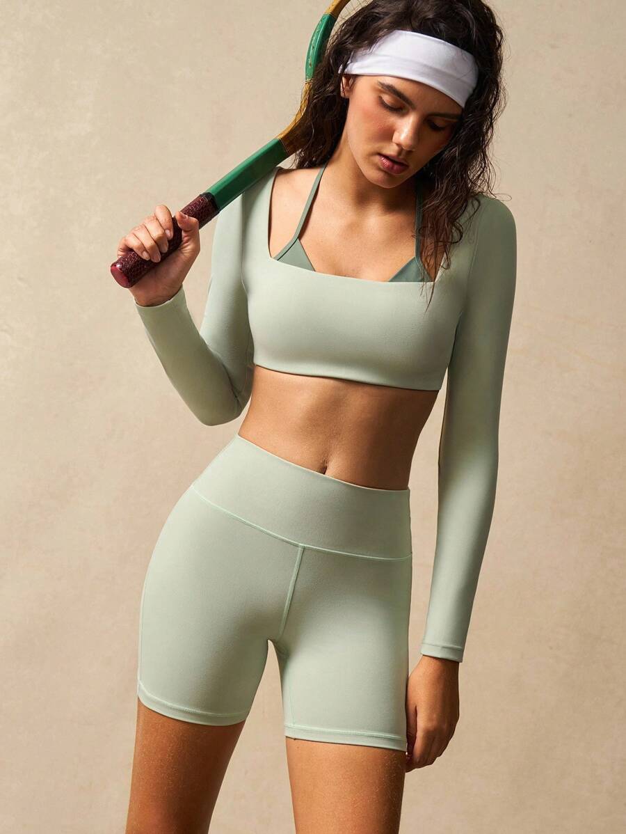 VARSIVA 女士健身套装 女士撞色拼布短款上衣和短裤 运动套装两件套运动套装 长袖瑜伽套装 - 彩色 - 查看 1