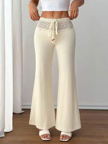 SHEIN PETITE 女式白色针织腰带配串珠抽绳直筒宽松休闲度假裤 - 杏色 - 查看 8