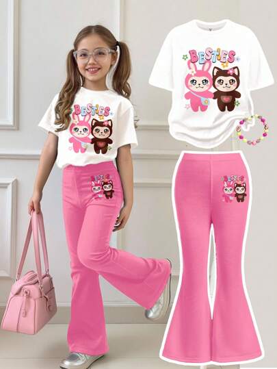 SHEIN 2pcs/Set Young Girl Cute Cartoon Print Casual Crew Neck Short Sleeve T-Shirt And Flare Pants, Suitable For Spring And Autumn
