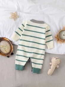 SHEIN Vintaside Kids رومبير أطفال رضع ذكور عصرية وجذابة متعددة الاستخدامات مزينة بخطوط ملونة مصنوعة من الأقمشة المحبوكة - أخضر - مشاهدة 2