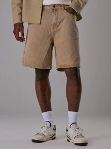 Musero 男士纯色斜口袋牛仔短裤 - 卡其色 - 查看 2