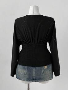 Sunspun Plus Size Women's Autumn/Winter Plunging Neck Sequin Bling Bling Black Elegant Vintage Cute Casual Chic Fitted Blouse Fall Cloth For Women - Black - View 2