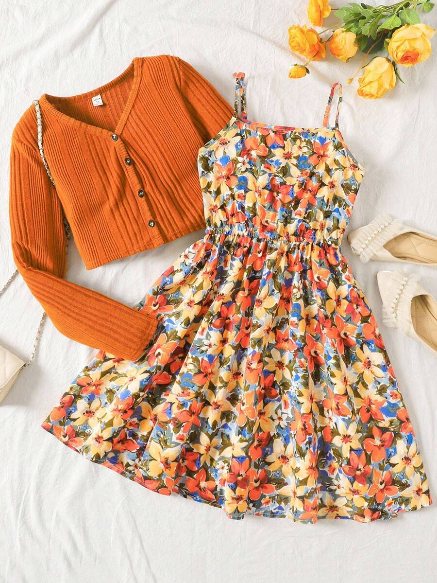 SHEIN Teen Girls 2-Piece Set: Brown Ribbed Knit Cardigan Shawl Jacket & Ditsy Floral Waist Tie Slip Dress, Vintage Casual Holiday Outfit - Multicolor - View 1