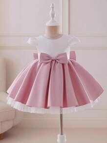 Glamorique Kids Baby Girls' White & Pink Satin Tulle Puff Skirt Dress, Beaded Back Bow Flower Girl Wedding Party Celebration Pageant Outfit, Infant Short Sleeve Dress Fall Winter