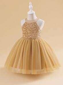 Glamorique Kids 1pc Red Girls' Halter Neck Dress, Top Half With Glitter Decor, Bottom Half With Fluffy Mesh Skirt, Suitable For Performances, Banquets And Other Formal Occasions To Showcase Childlike Innocence And Elegance Fall Winter