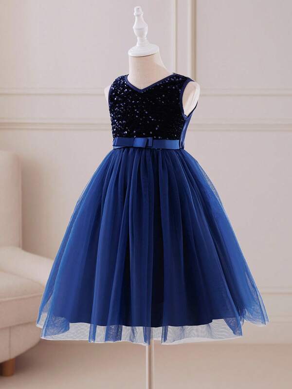 Glamorique Kids Elegant And Cute Little Girl's Dress With A Hidden Blue Color, Sleeveless, Sequined, Gauze, Fairy-Like, Puffy, Suitable For Christmas Parties And Formal Occasions