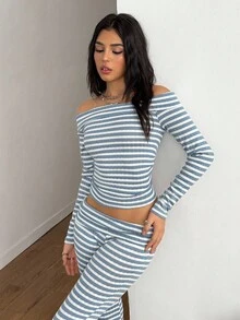 Teenage Girls' Casual Striped Transparent Shoulder Strap Off Shoulder Long Sleeve Top And Simple Knit Flare Pants, Spring/Autumn - Baby Blue - View 4