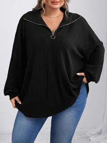 SHEIN CURVE+ 大码法式休闲拉链罗纹针织T恤，秋冬 - 黑色 - 查看 4