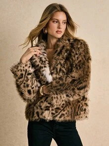 Poéselle Women's Fashionable Faux Fur Leopard Print Jacket,Leopard Print Faux Fur Jacket – Animal Pattern Short Coat For Women, Statement Holiday Party Outerwear Autumn/Winter,Winter Clothes, Fur Coat, Outerwear Women, Luxury Clothes For Women