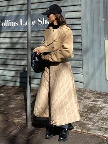 Livesso Women's Padded Coat, Windbreaker Style Rhombus Pattern Loose Solid Color Long Coat, Autumn/Winter - Khaki - View 7
