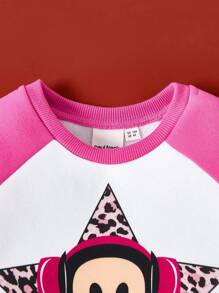 Paul Frank X SHEIN Conjunto de 2 piezas de sudadera con mangas raglán contrastadas con estampado de leopardo, estrella y mono de dibujos animados, forrada térmicamente, y falda de línea A con estampado de mezclilla para niña - Multicolor - Ver 4