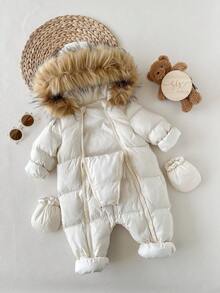 新生女宝宝可爱保暖连帽连体衣配手套，秋冬季 - 杏色 - 查看 3