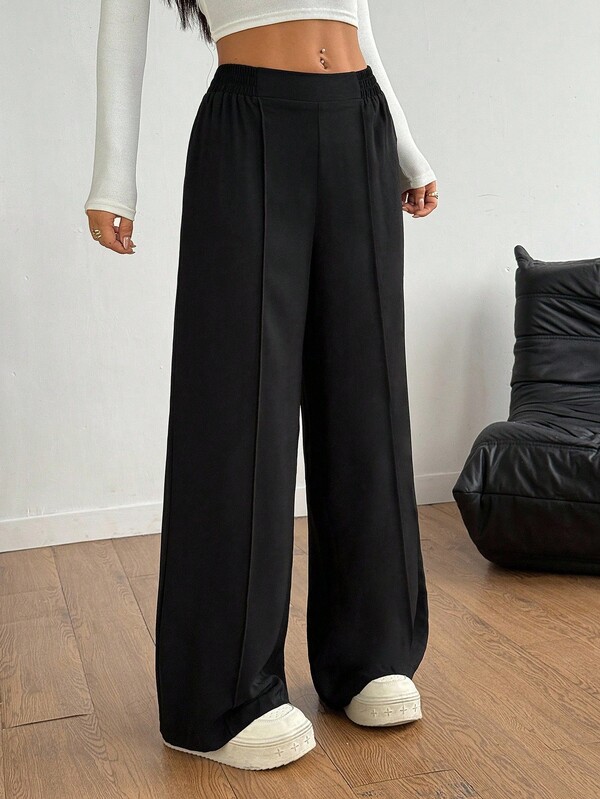 SHEIN PETITE Black Y2k Solid Color Wide Leg Pants Formal Pants Autumn And Winter Matching Loose Pants Black Wide Leg Pants High Waisted Wide Leg Pants Loose Wide Leg Pants Black Dress Pants Black Pants High Waisted Pants Wide Pants Black Wide Pants Black Slacks Women Black Flare Pants,Black Pants