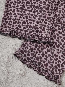 SHEIN 2 件加大码撞色蕾丝、荷叶边心形印花吊带背心和裤子睡衣套装