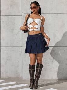 SHEIN ICON Minifalda plisada de mezclilla de unicolor casual para mujer