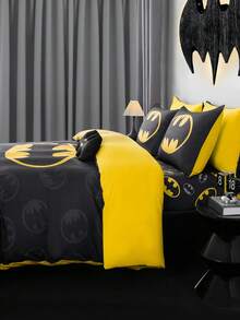 BATMAN X SHEIN 3pc Fashionable & Comfortable Soft Reversible Hero Character Bat Print Duvet Cover Set, For Home, Bedroom